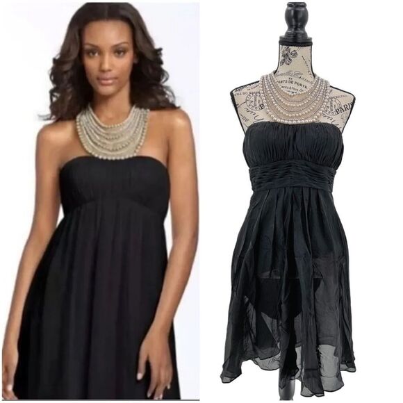 Aidan Mattox Midi Pearl Gem Collar Black Silk Dress Size 8 - Picture 1 of 13